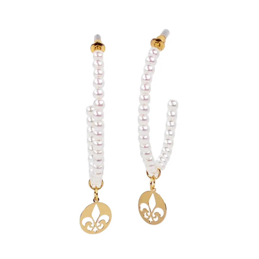 Pearl Hoop Earrings with Fleur de Lis