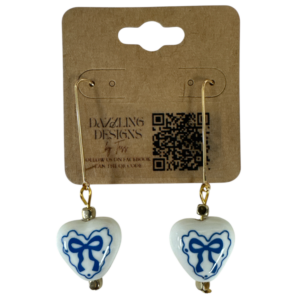White Heart Bead Dangle Earrings