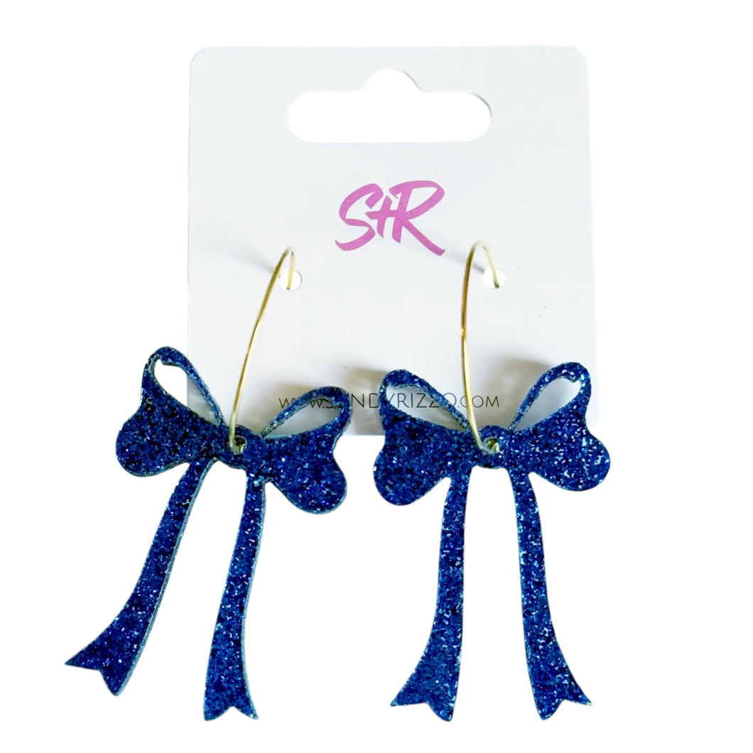 Blue Glitter Acrylic Bow Hoop Earrings
